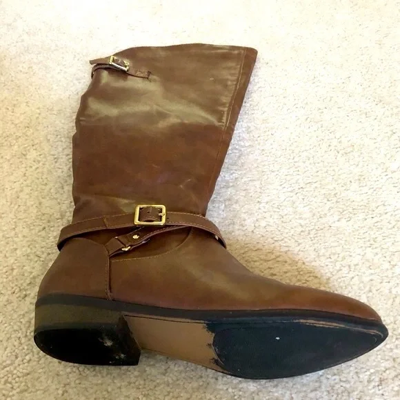 Material Girl High Boots Cognac Size 7.5 M Buckle Zipper Box MCAPRI Lined - Picture 5 of 13